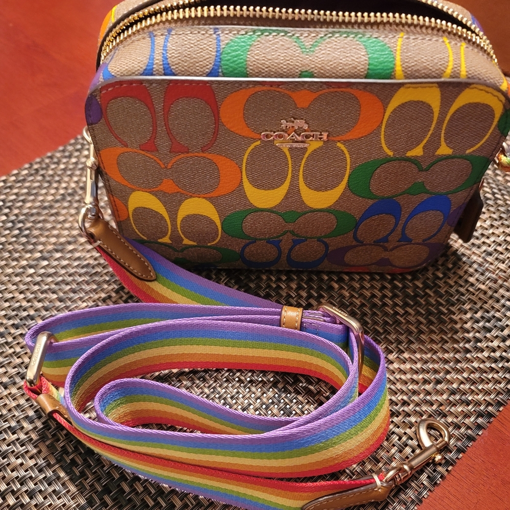 Coach Mini Camera Crossbody Bag Signature Rainbow Canvas C4227 Pride